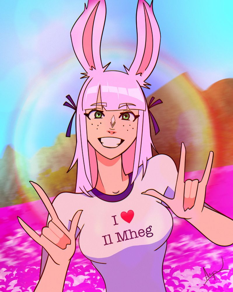 Stylized cartoon-like half-body illustration of a viera with pink hair with purple side bows, green eyes, freckles, a white nose-bridge tattoo, and a t-shirt that says "I ♥ Il Mheg."  She is holding up her hands in a cute gesture.  Behind her is a landscape that resembles Il Mheg with a field of pink flowers, a mountainous horizon, blue sky, and bright rainbow. 