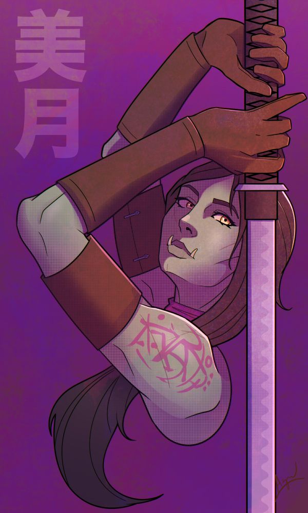 Half-body portrait of a half-orc ninja holding a katana-style sword.  She has lower fangs, yellow eyes, green skin, leather armor, a black pony tail, and purple geometric tattoos on her shoulder.  The name "Mizuki" written in kanji is overlaid on the purple background.