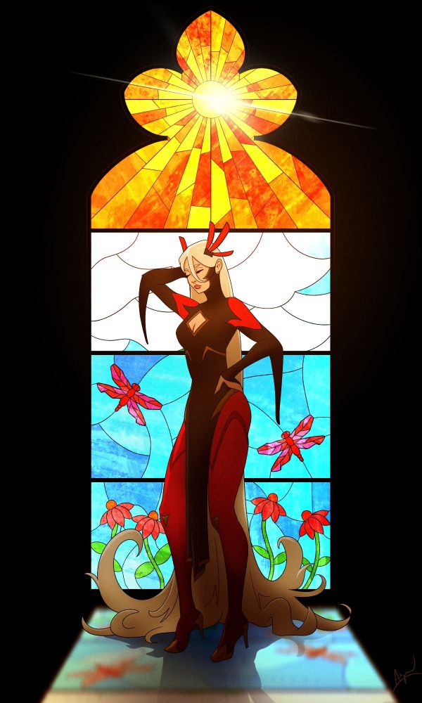 Full-body drawing of a woman with extraordinarily long white hair and wearing a red and black outfit with gold trim.  She has a red headdress that resembles dragonfly wings.  Behind her is a stained glass window depicting an outdoor scene with sun, clouds, dragonflies, and coneflowers.