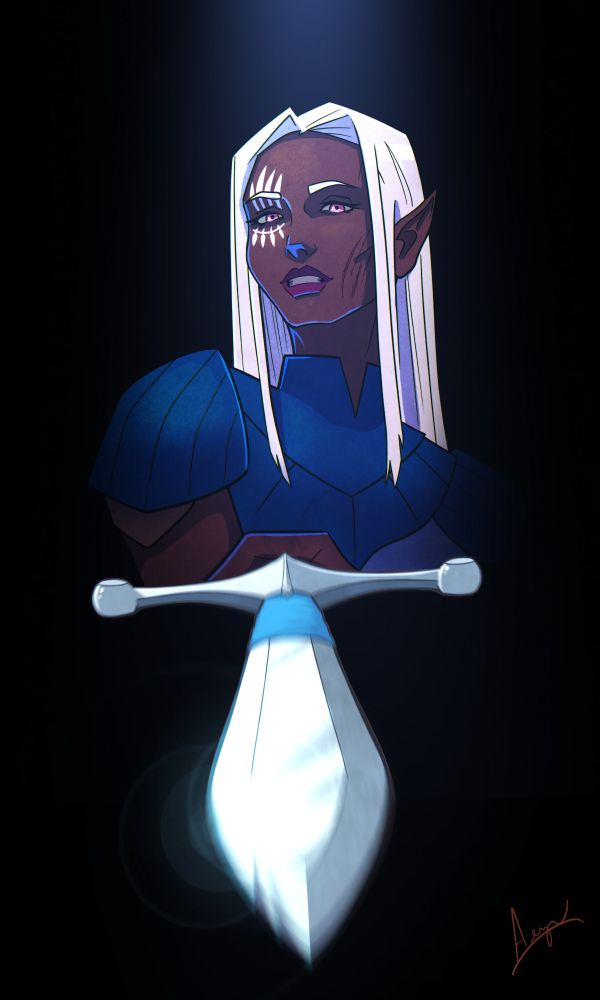 Bust portrait of a drow with white hair, reddish eyes, and blue leather armor holding a knife towards the viewer.  She has a jagged white tattoo around her right eye and scars on her left cheek.  The background is black, blending her form with the shadows.