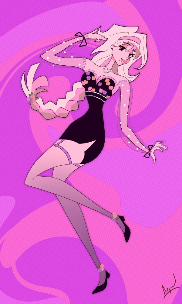 Retro-comic styled full-body drawing of a woman in a black floral romper with stockings, sheer sleeves, and pearl and floral decorations, with a long braid and pink headband.  Her blonde hair has streaks of pink and brown.  The background is a retro abstract pattern of pink hues.