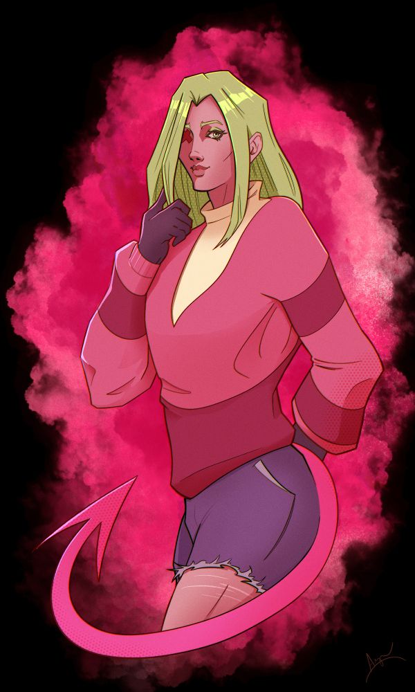 Half-body portrait of a demon-type OC with long green hair, a pink sweatshirt, dark gloves, ripped jean shorts, and a pointed tail.  The background is pink smoke set against black.