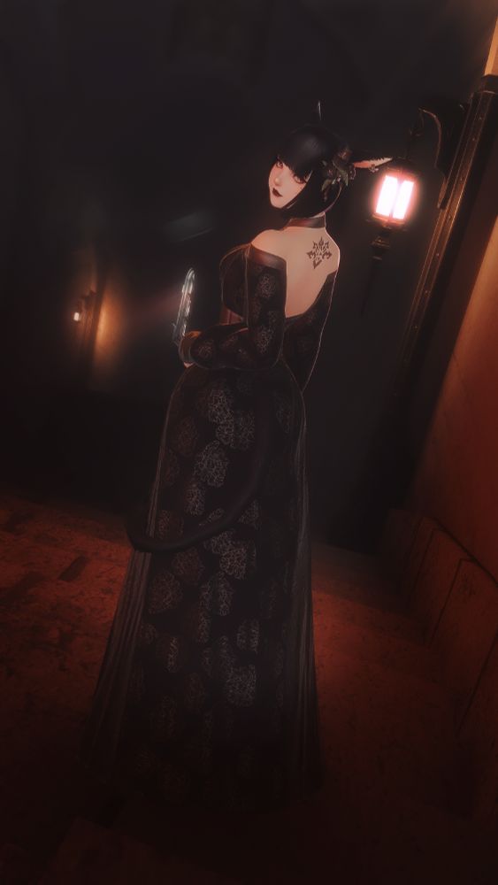 Full-body gpose of Aeryn. She is wearing a delicately patterned off-the-shoulder black dress with an open back showing her legacy tattoo. She wears black campanulas in her hair. She is descending stone stairs and looking back at the viewer, her red eyes shining.  Muddy red and orange hues dimly light the stairs from two lanterns and a far off window.  