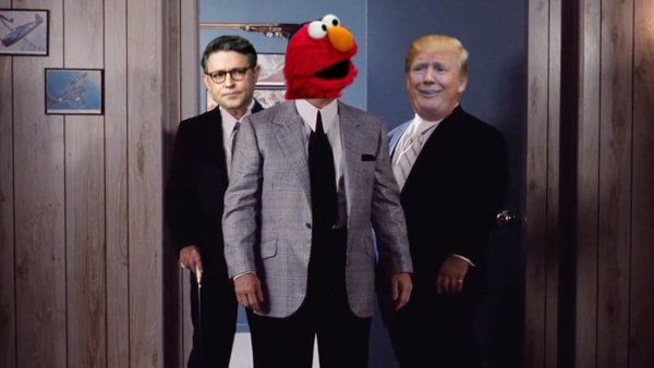 The Goodfellas assassination of Tommy scene, except Tommy's head has been replaced with Elmo and the mobsters behind him are Mike Johnson and Donald Trump