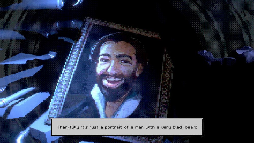 A screenshot from the demo of the game Last Look Along Woodward Boulevard containing a painting of YouTuber Jacob Geller