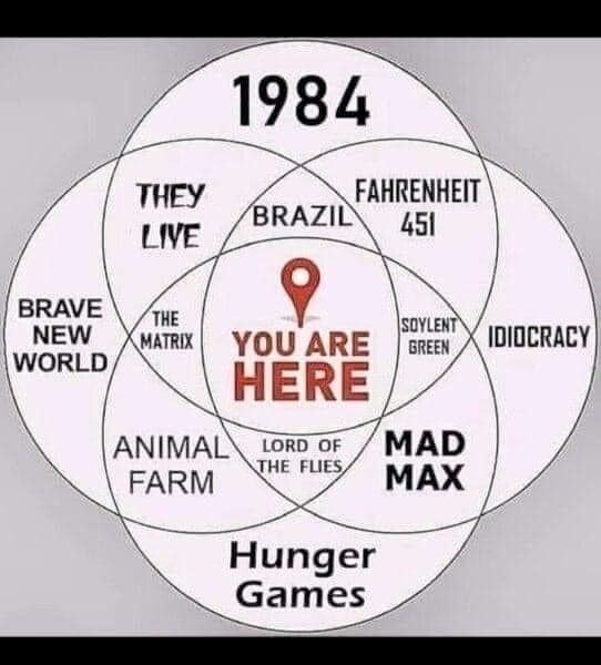Venn diagram including Brave New World, Idiocracy, 1984, and Hunger Games, with "You Are Here" in the middle