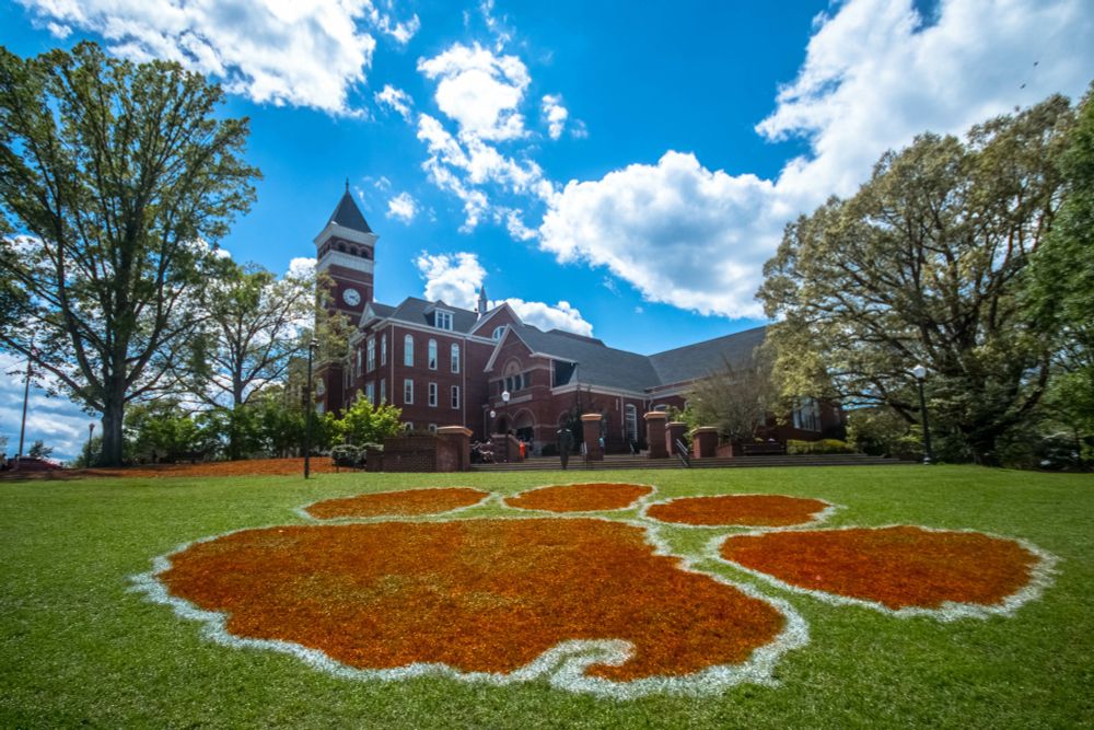 Clemson University logo featuring an orange paw print with a white outline painted on the grass in the foreground, with a brick building in the background.
