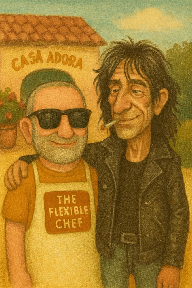 Two unlikely buddies pose outside "CASA ADORA": a grinning chef in a white apron and red tee, rocking shades and a silver beard, stands beside a cigarette-toting rocker in a leather jacket with wild hair. It’s culinary charm meets rockstar chaos—and somehow, it works.
