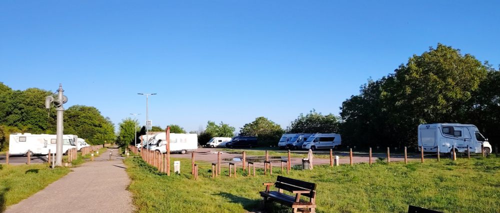 Campervans and motorhomes parked up at the site of the old railway station at Béjar, Salamanca province. 