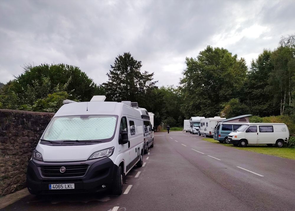 White campervan parked up with several others. Grey skies, trees in the background. 