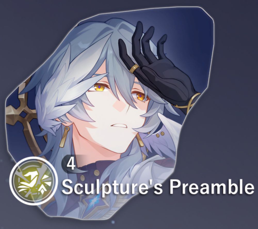 Eidolon 4 do Sunday: Sculpture's Preamble. Dentro do fragmento, Sunday olha para longe a direita, sua mão enluvada direita dramaticamente sobre sua testa. A expressão em seu rosto é delicadamente dramática, sua boca entreaberta. Sua asa a esquerda se dobra sobre a lateral de seu rosto, não o bastante para cobrir seus olhos. A outra asa se estende para frente. A luva que usa é preta e cobre também seu pulso, não sendo possível ver o resto de seu braço além disso. Em seu pulso há enrolado em volta detalhes de vinhas espinhosas douradas, e em seu dedo indicador um anel dourado.