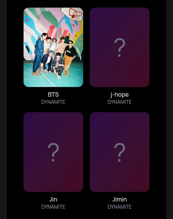 screenshot of the bcd app showing digital photocards of the Dynamite collection

I'm missing Jhope, Jin and Jimin 