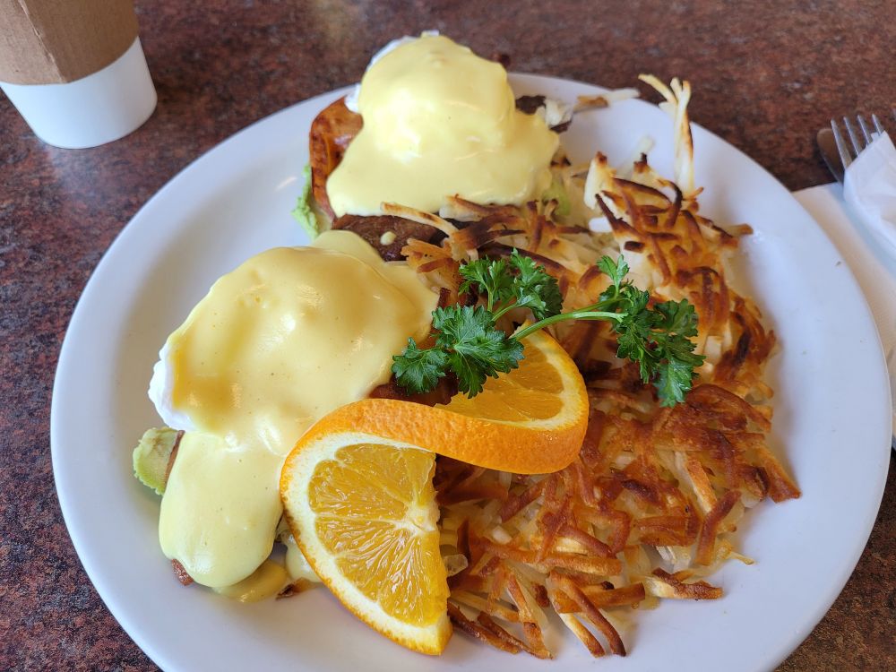 California Benedict and hasbrowns from Half Moon Bay Coffee Co. 

Super pretty and delicious.
