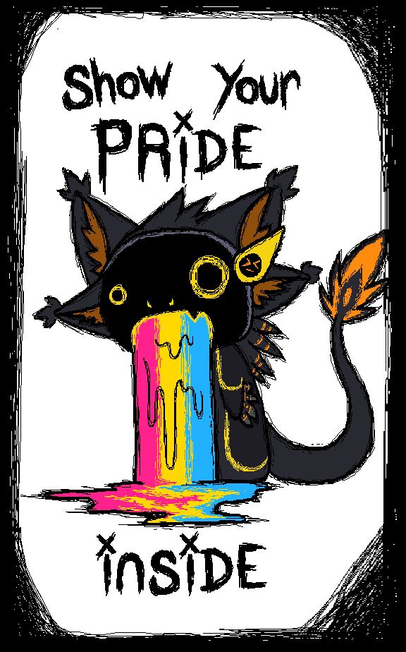 Rendered in a mid-2000's DeviantART style, Praxis cartoonishly vomits in the colors of the pansexual flag.