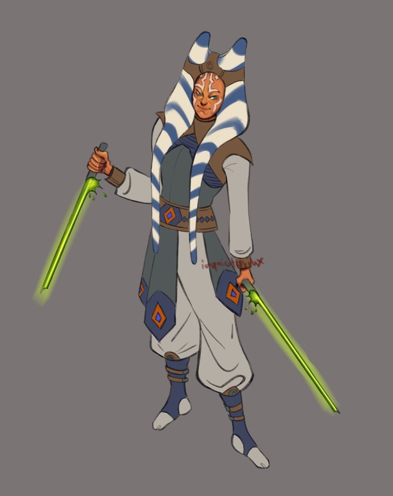 a drawing of ahsoka tano. she holds two green lightsabers. she’s older than in the clone wars but wears gray, white, blue, and brown jedi robes
