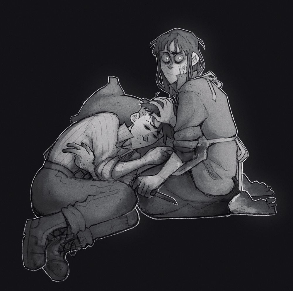 drawing of vtm marlowe and wanya, a fae, huddled up in the dark. marlowe is asleep, wanya is guarding him, holding a small knife. they are looking over their shoulder with a haunted, creepy expression, pupils reflecting like an animal's. both are splattered with dried blood. 
