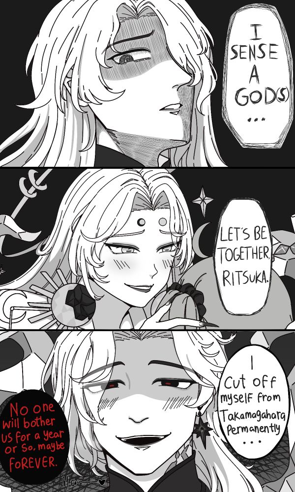 I aware it won't appened and they wouldn't do that canonly. (They wouldn't take almost anyone seriously)

But somehow i thinking that there's possibility they would become possessive and more sensitive once they have their own partner during their abandonment issue and fear for losing person that they care happened again.

Tsukuyomi even willingly to 🔪 their partner if they try to get away from them.

(Is still TsukuGuda♀️ lowkey)