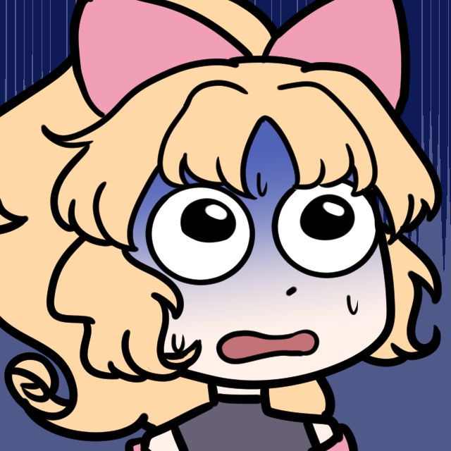 a goofy thick-lined drawing of a blonde anime girl with a ponytail. She stares, distressed, with wide eyes.
