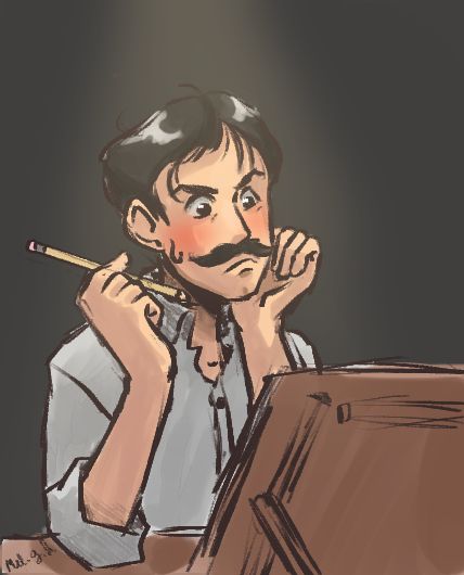 A caucasian man with disheveled black hair and a mustache in a white button up sits at a table on front of a drafting board, holding a pencil. He looks frustrated.