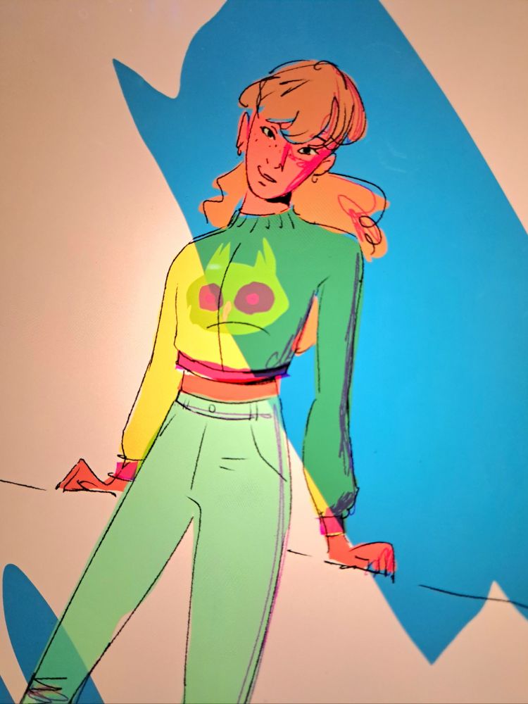 Rough sketch of someone wearing a jumper with an owl on, in funky colours