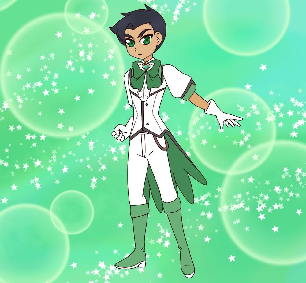 Damian in a neat magical boy outfit with a winglike coat tail, high green boots and a big green neck bow