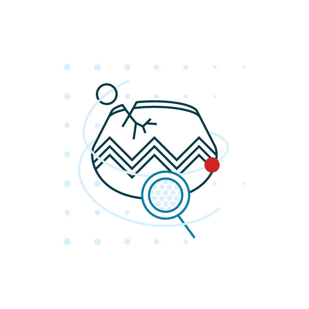Stylised illustration of the DANS Data Station Archaeology. A cracked archaeological pot with zigzag patterns, surrounded by abstract circular lines and a magnifying glass symbol, representing archaeological research and analysis.