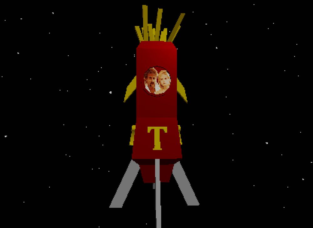 Animation 3D d’une fusée de la famille Tuche. On aperçoit la famille au travers du hublot, pendant que la fusée tourne sur elle même dans un champs d’étoiles.