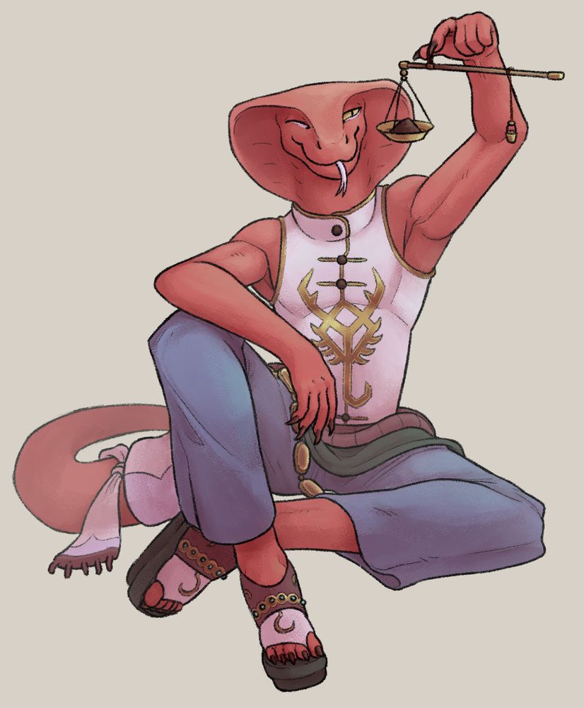 A red-scaled cobra-hooded nagaji holding an alchemical scale.