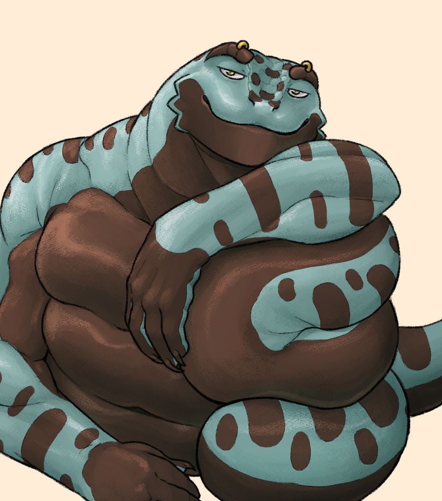 A heavyset, anthropomorphic blue and brown snake gazes at the viewer from where he leans upon the coils of his own tail.