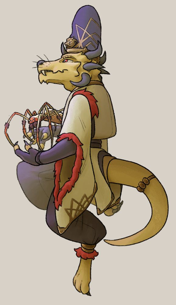 A golden-scaled kobold onmyodo holding a spider.