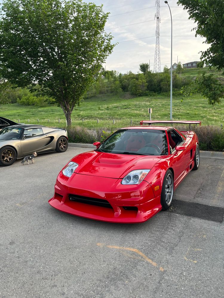 Red NSX with a clean wide-body kit and a striking rear wing, parked alongside a gold Lotus Elise, set against a lush green background and an overcast sky. Weekend car meet vibes