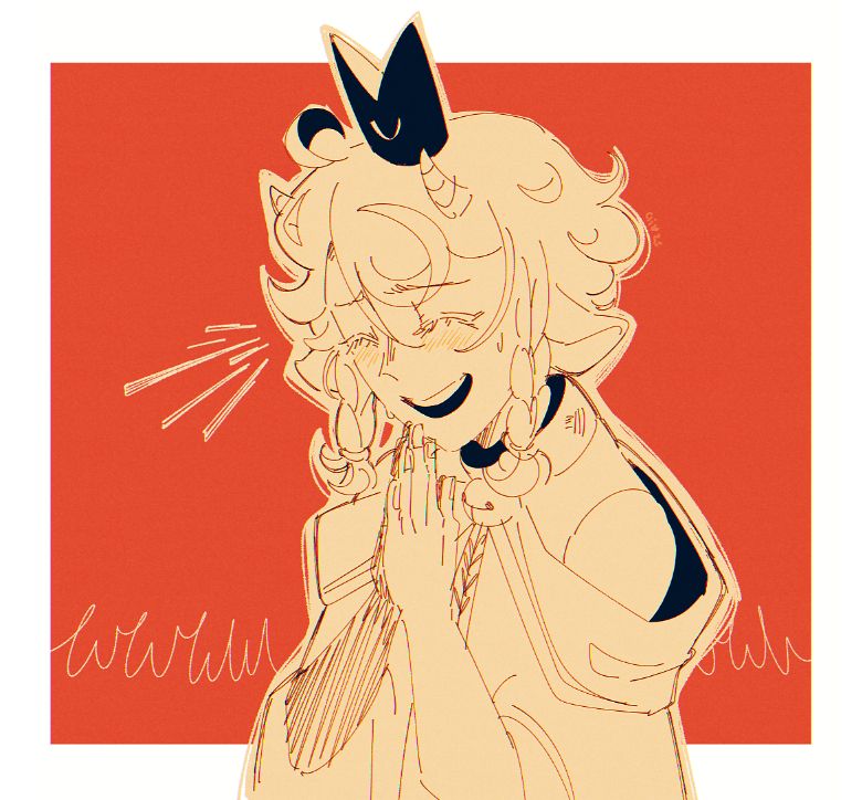 An anime gijinka of The Lamb from Cult of the Lamb bowing their head and giggling, hands pressed together as they do so. Barely noticeable beads of sweat run down their face. A cursive pattern of w's line the bottom of the background, which is the Japanese internet slang for warau (laugh).