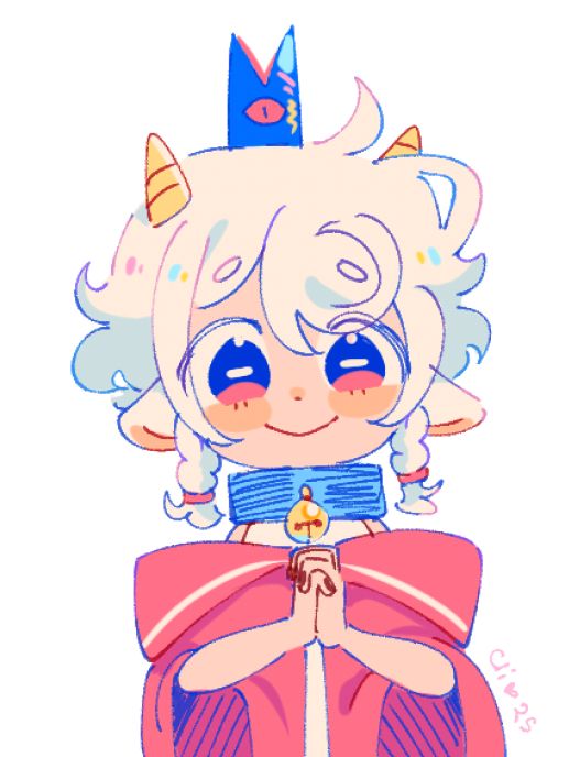 An anime chibi version of Lamb clasping its hands together with a wide smile that looks like a flat V. The palette is pop and bright, almost reaching a semi-pastel theme.