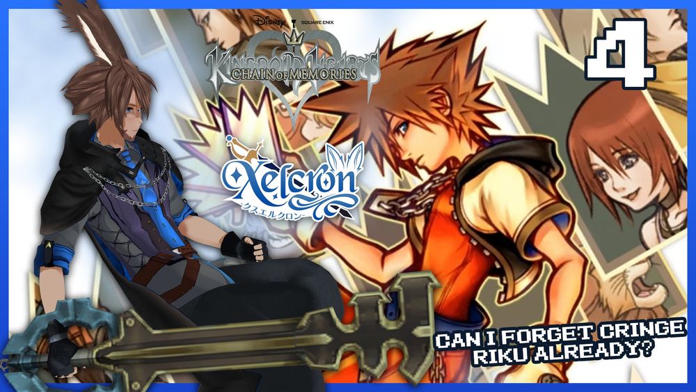 Xelcron floating with a keyblade in hand for a thumbnail image with the art and logo of kingdom hearts chain of memories in the background.

