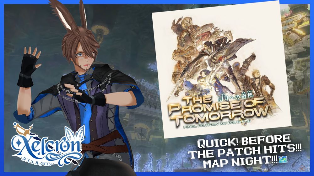 Xelcron with the background of the Cenote map from final fantasy xiv with artwork of the 7.3 patch barreling towards him