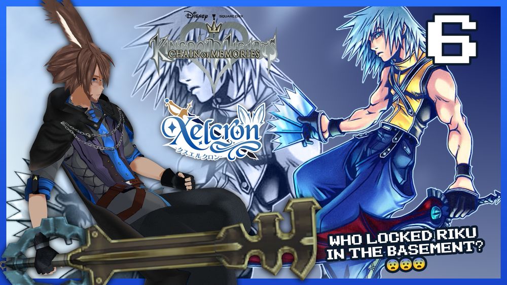 Xelcron floating with a keyblade in hand for a thumbnail image with the art and logo of kingdom hearts chain of memories in the background.