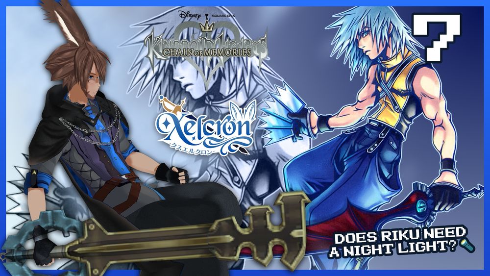 Xelcron floating with a keyblade in hand with the background and logo of Kingdom Hearts Chain of Memories