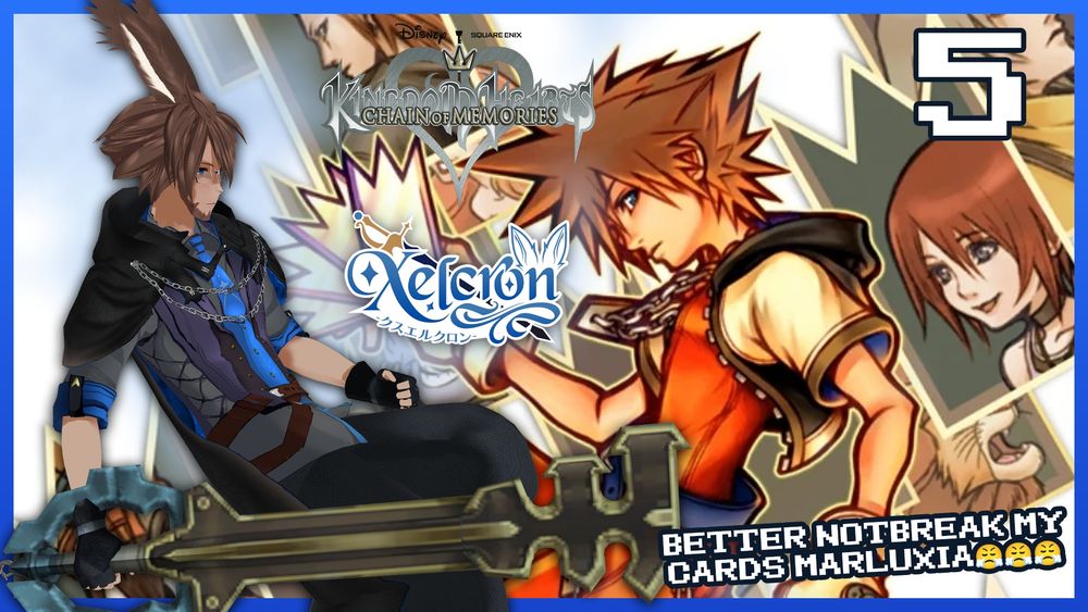 Xelcron floating with a keyblade in hand for a thumbnail image with the art and logo of kingdom hearts chain of memories in the background.