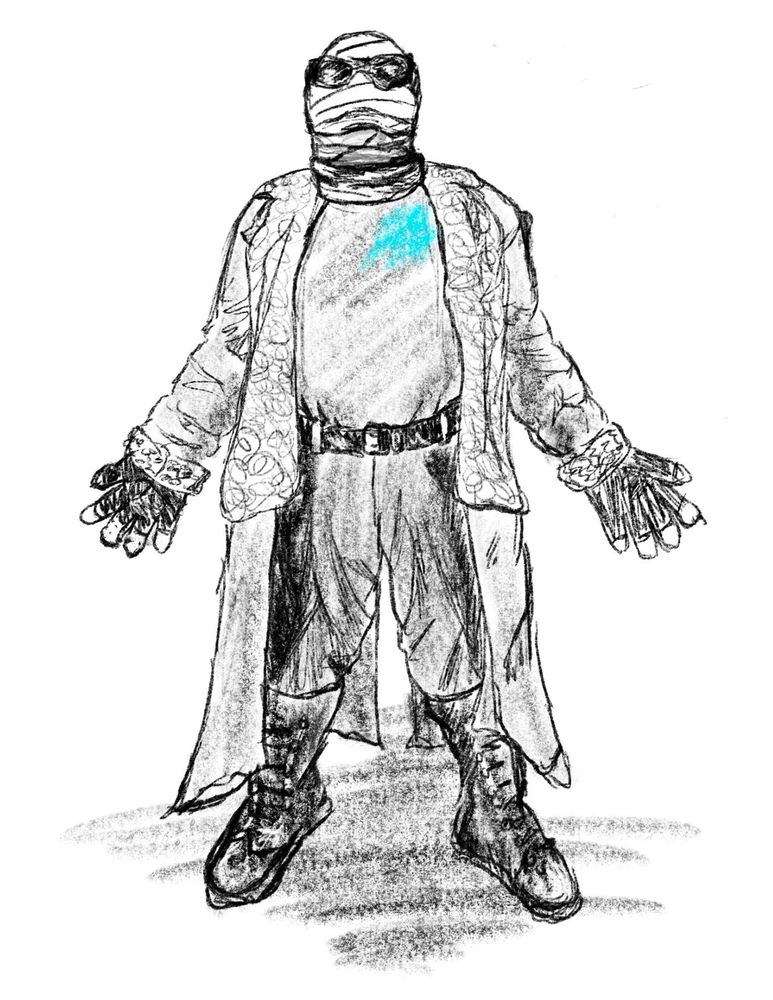sketch of a fully bandaged-up man wearing dark goggles, coat, turtleneck, fingerless gloves, tactical pants and jackboots