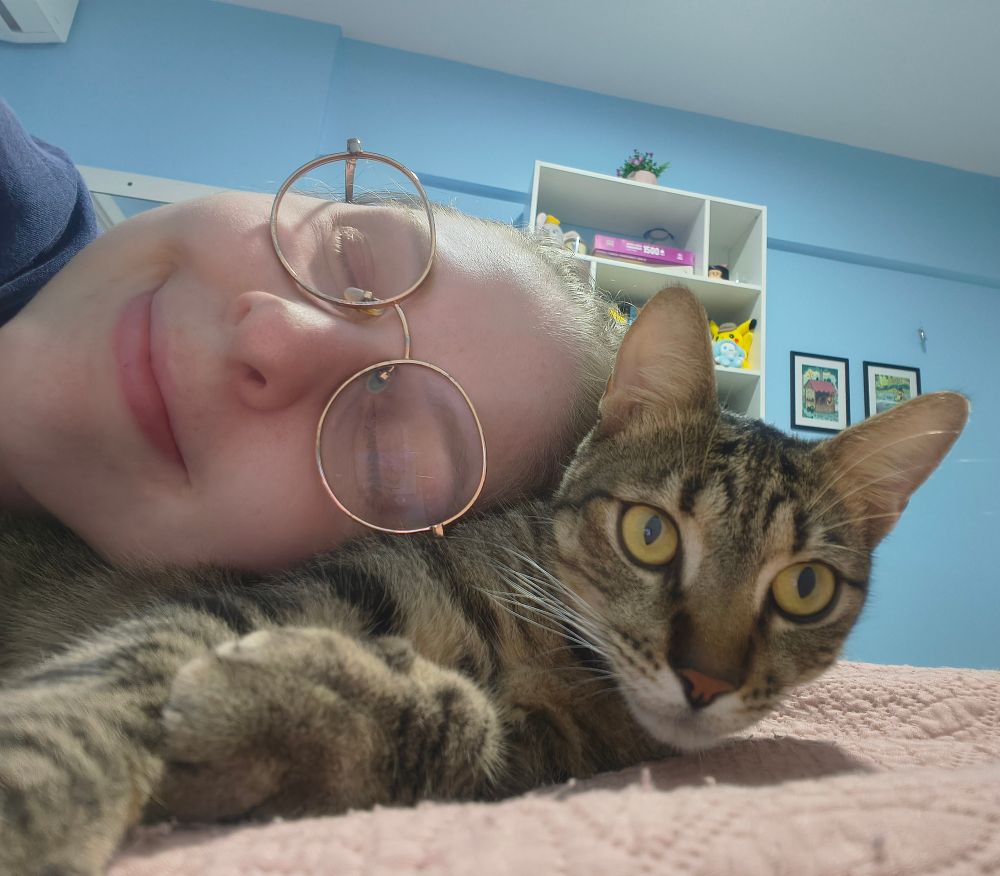 Biscoito, a brown tabby cat, is laying on human's bed and human is using him as a pillow