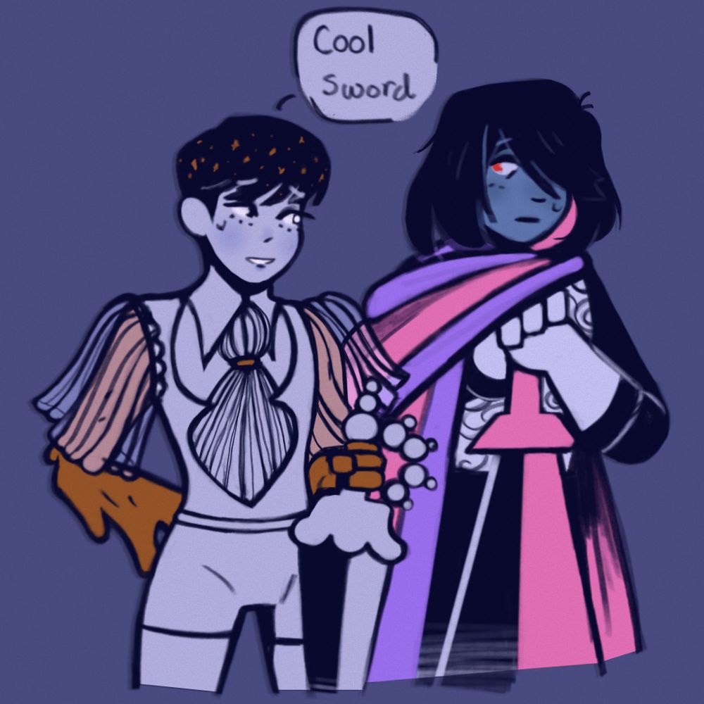 a digital drawing of Phosphophyllite from Houseki no Kuni and Kris from Deltarune. Phosphophyllite is a slim, androgynous person with short blue hair with gold flecks on their bangs, wearing a white bodysuit with a high collar and loose, flowing, sheer sleeves. They are holding a white sword. Kris is a teenager with blue skin and dark-blue hair who is wearing knight's armor and a blue and pink cape. They are also holding a sword, which is pink. Phos is facing Kris, saying "nice sword", and Kris smiles back at them.