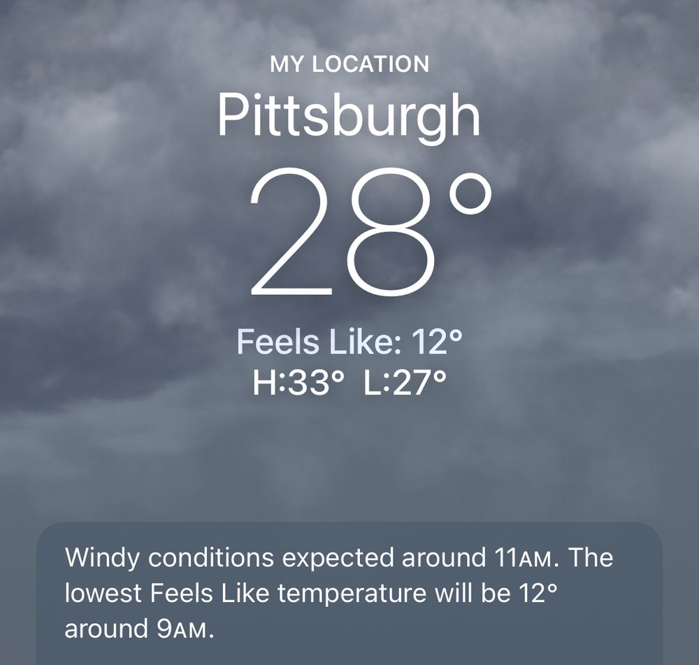 MY LOCATION
Pittsburgh 28°
Feels Like: 12°
H:33° L:27°
Windy conditions expected around 11AM. The lowest Feels Like temperature will be 12°
around 9AM.