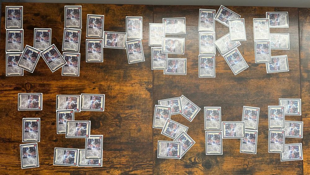 “Where is she” spelled out of 50ish flesh and blood ice eternal cards.
