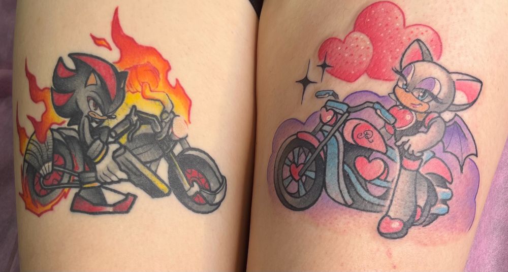 Shadow and Rouge tattooed on each leg 