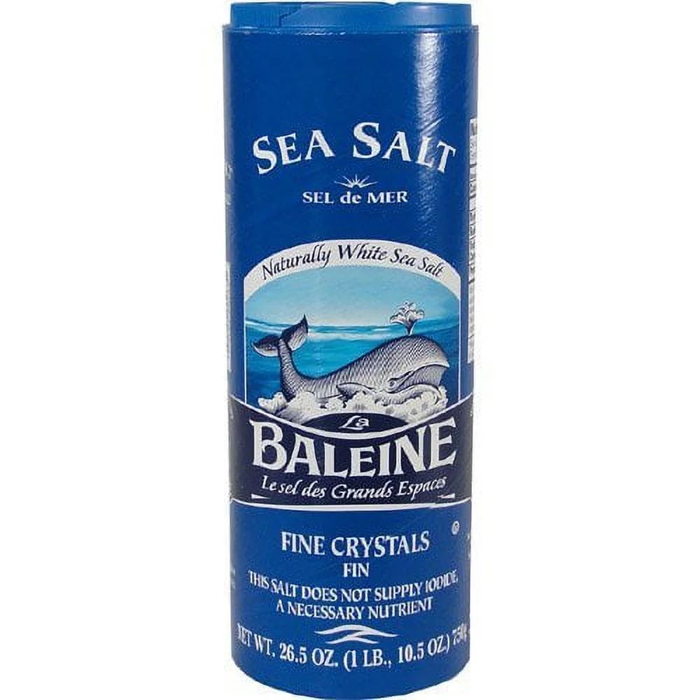 a blue container of La Baleine French sea salt, it does not supply iodine, lest ye get it twisted 🐋