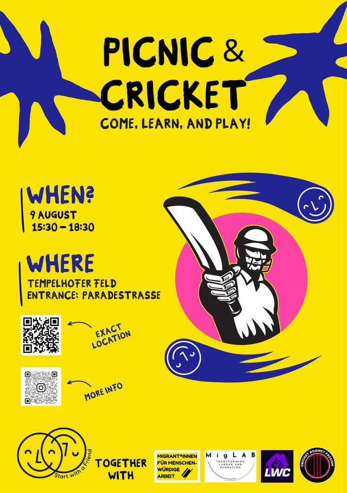 Flier for the cricket coaching event. August 9, 15:30. Tempelhofer Feld, Paradestraße entrance.