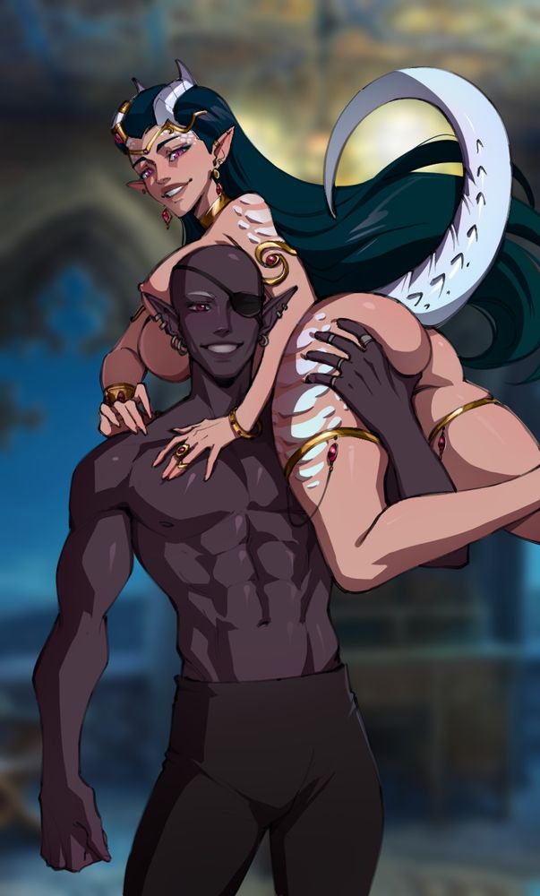 A bald drow male with an eyepatch has a naked dragoness thrown over his shoulder. Both are smiling happily.