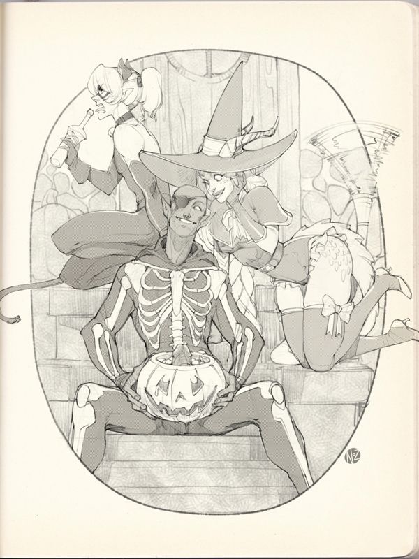 Three characters dressed up for Halloween. Kimmuriel as a black cat, Jarlaxle as a skeleton and my dragon OC Viridiana as a witch. Jax has a pumpkin in his lap with a special treat inside.