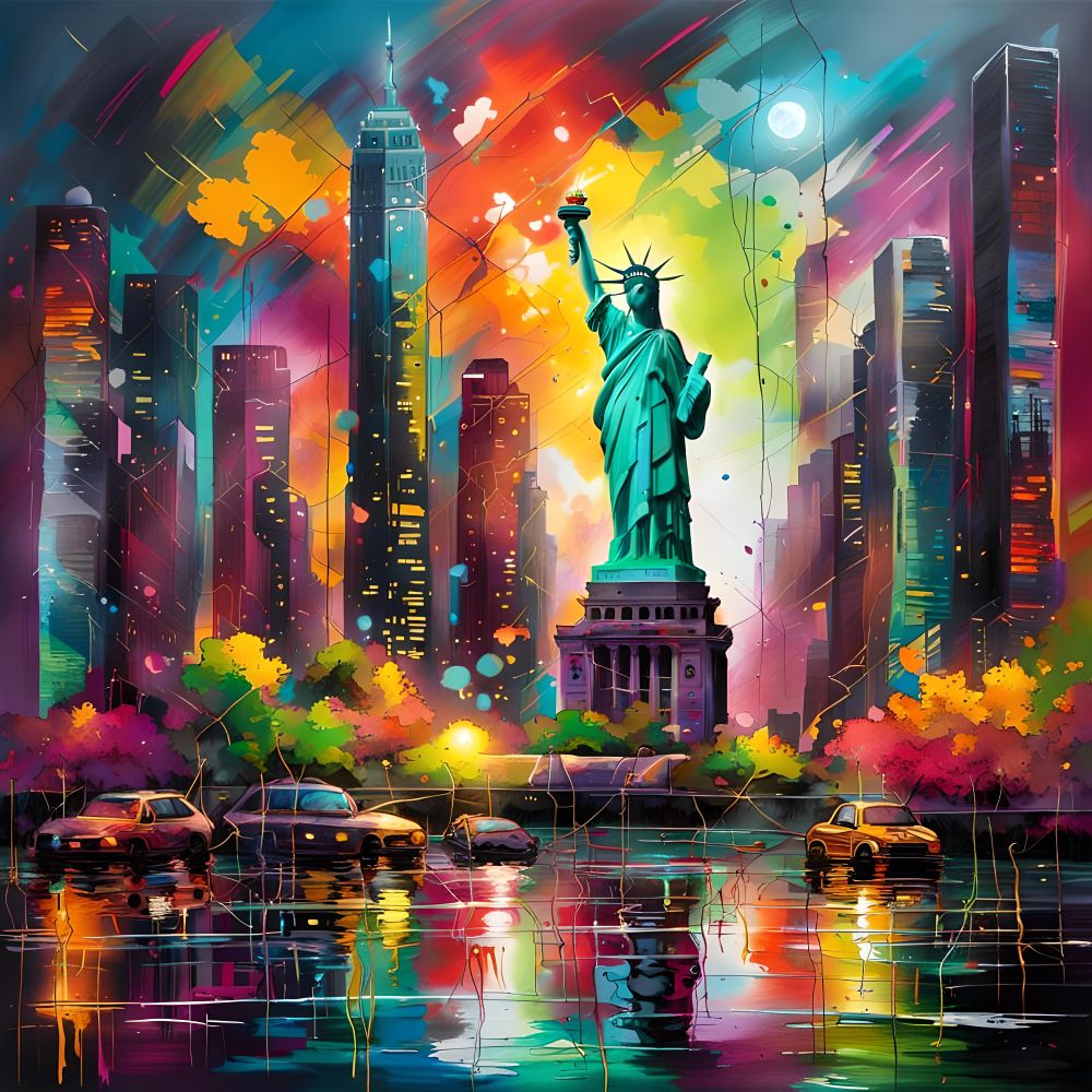 statue of liberty in new york, vibrant colours, new york taxi's in the foreground.