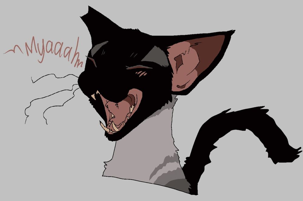 drawing. headshot of a smokey devon rex meowing happily, eyes closed.